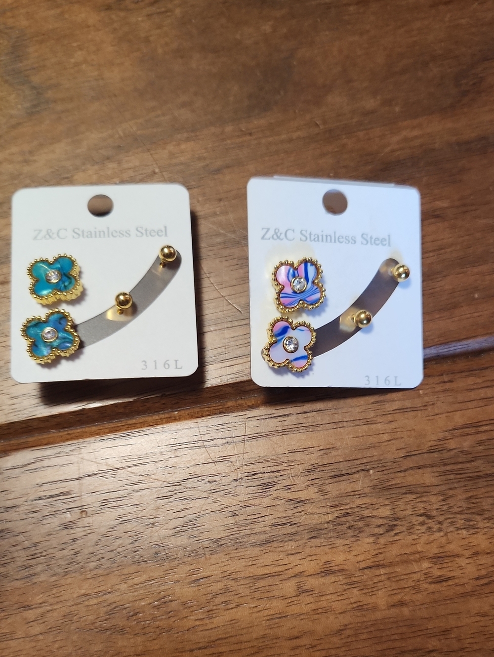Fashion Jewelry Gold-Trim Flower Stud Earrings — Turquoise & Lavender Pink